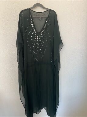Sheer Dark Green Beaded V-Neck Caftan